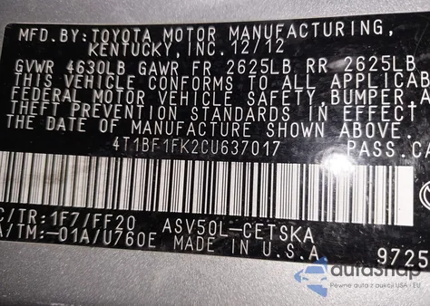 2012 Toyota Camry Se from USA, damaged, VIN 4T1BF1FK2CU637017